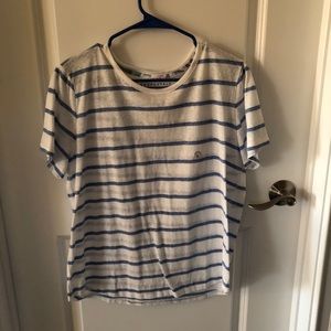 White short sleeve tee shirt with blue stripes
